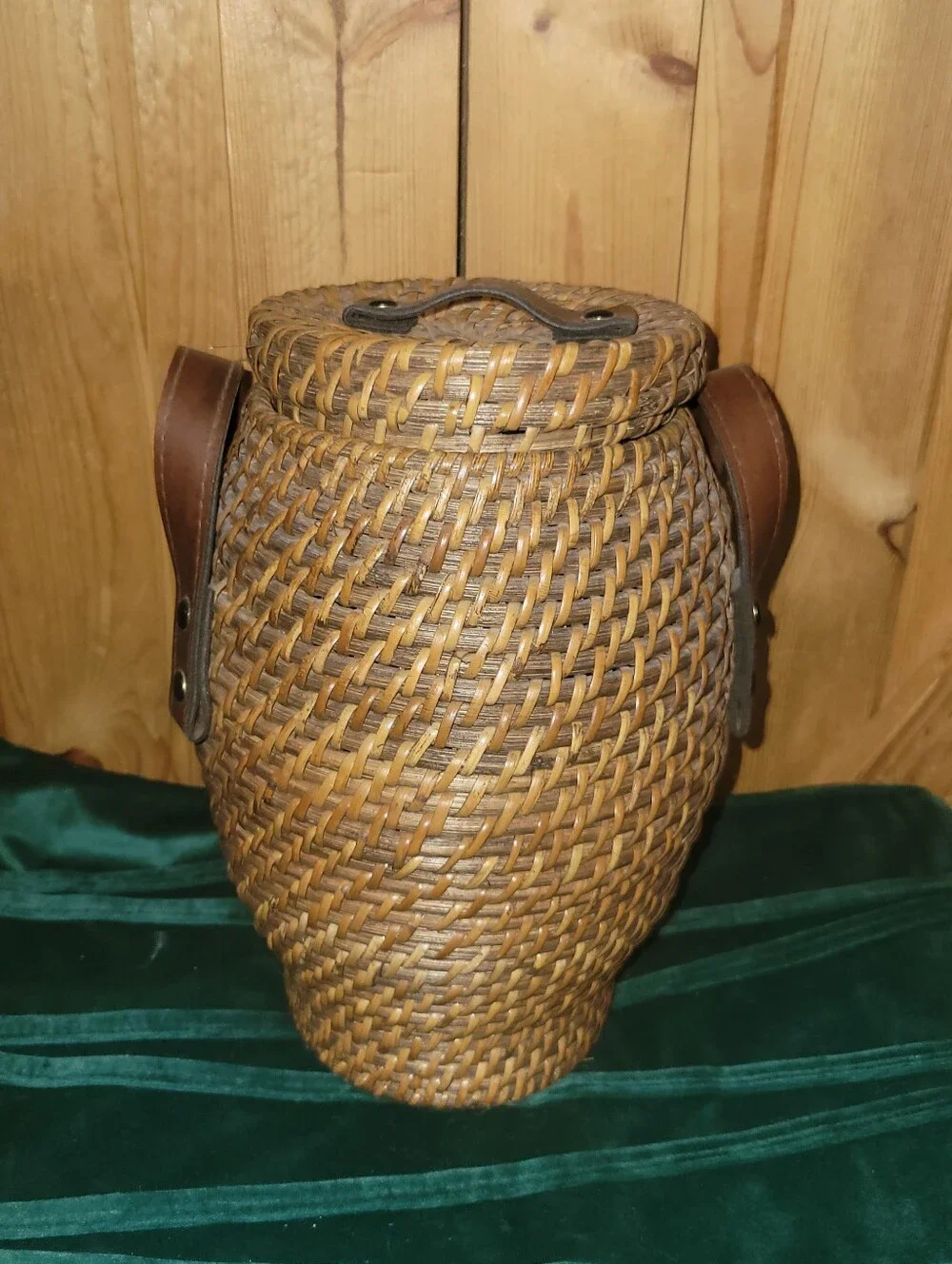 Vintage Lidded Rattan Urn Basket Floor Vase w/ Leather Handles Boho